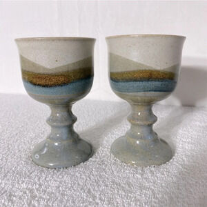 Vintage Stemmed  Goblet Handcrafted Stoneware Beige Blue Tan Band x2